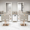 A modern full-length LED mirror with an adjustable stand is shown in a bright, minimalist room.