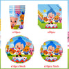 A set of circus theme birthday party decor including cups and plates in various sizes.