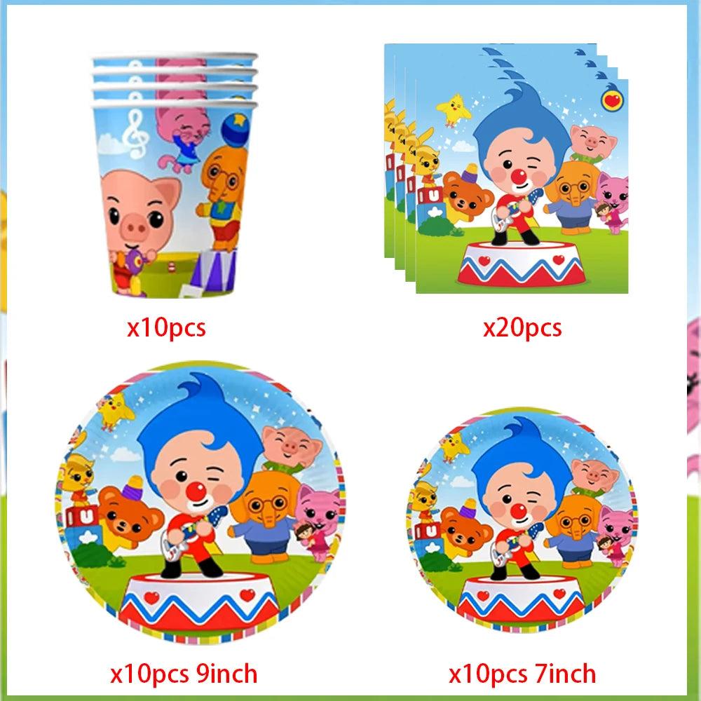 A set of circus theme birthday party decor including cups and plates in various sizes.