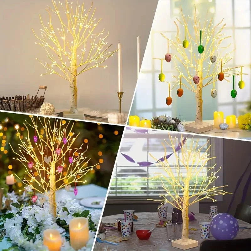 A decorative LED birch tree with warm yellow lights and hanging ornaments displayed in various settings.