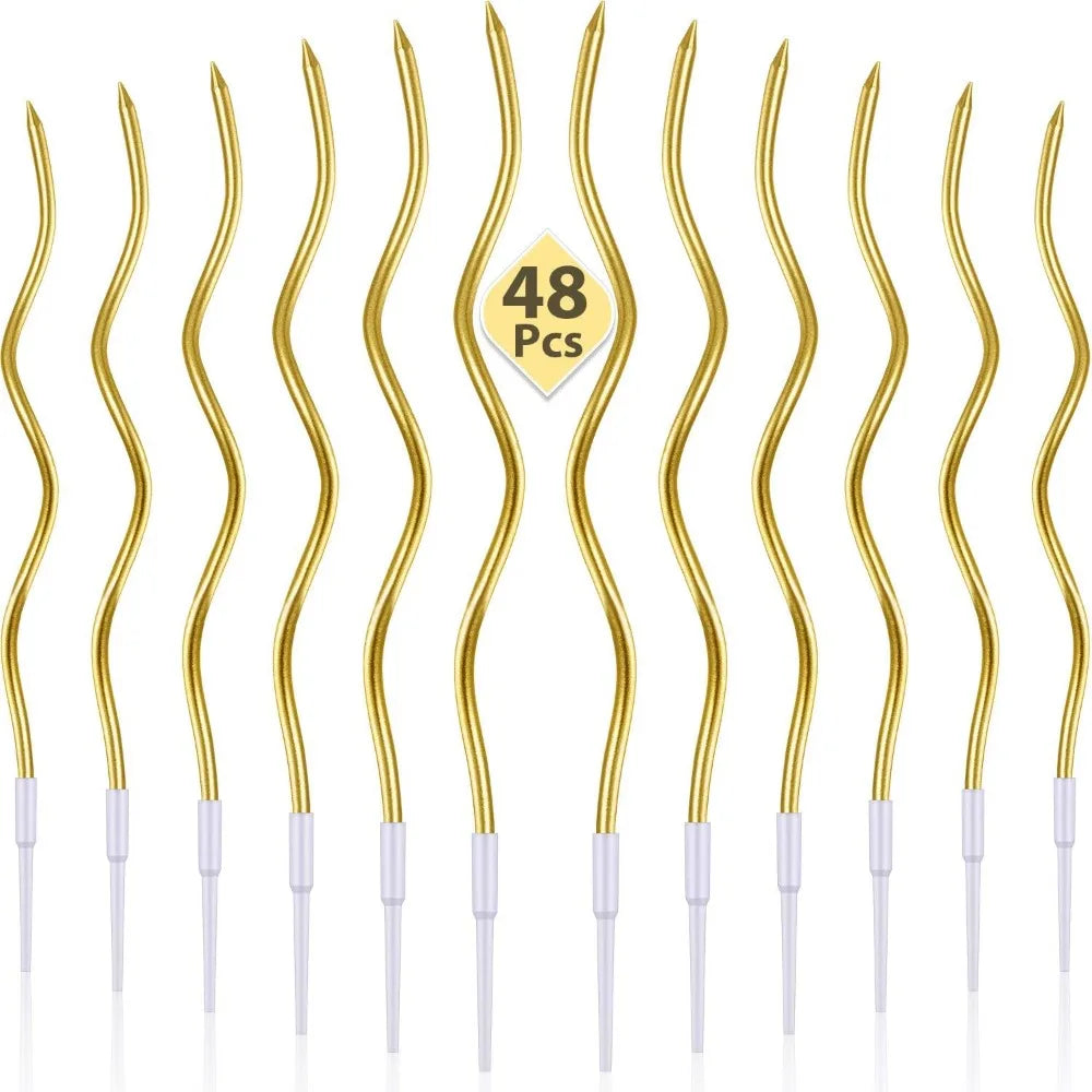 A set of 48 gold and white rainbow birthday candles displayed vertically.