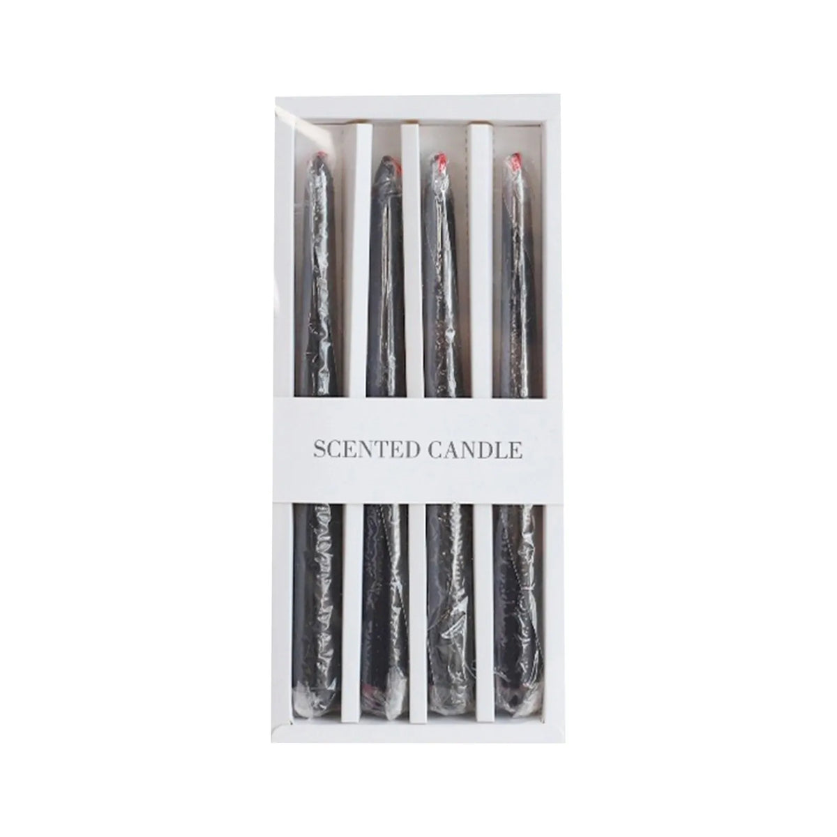 A set of four black taper candles with a dripping blood effect inside a white box.