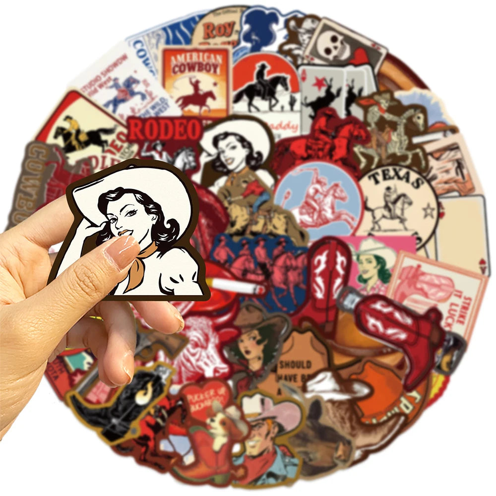 A collection of vintage cowboy and rodeo themed stickers featuring cowboys, horses, and western imagery.