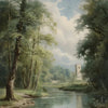 A retro oil painting depicting a serene river landscape with trees and a distant stone structure.