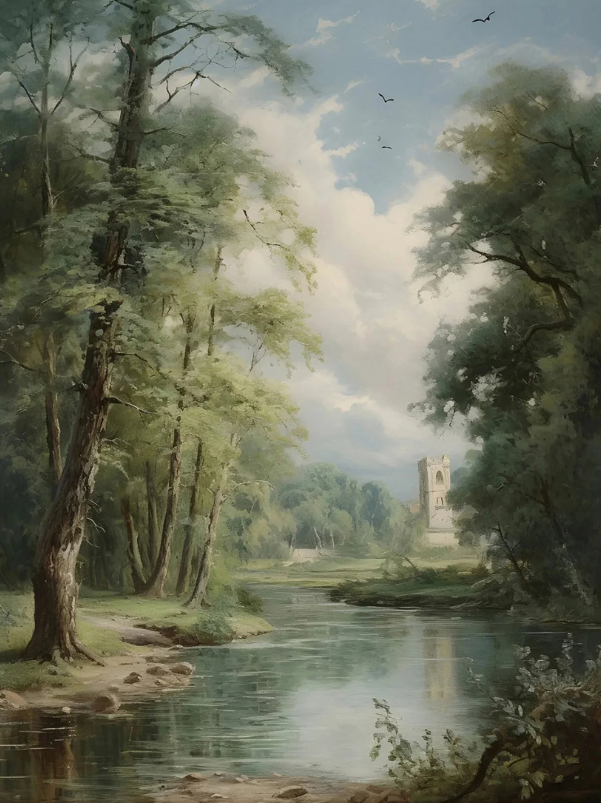 A retro oil painting depicting a serene river landscape with trees and a distant stone structure.