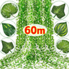 Artificial ivy vine garland shown with various leaf samples and a 60m length measurement.