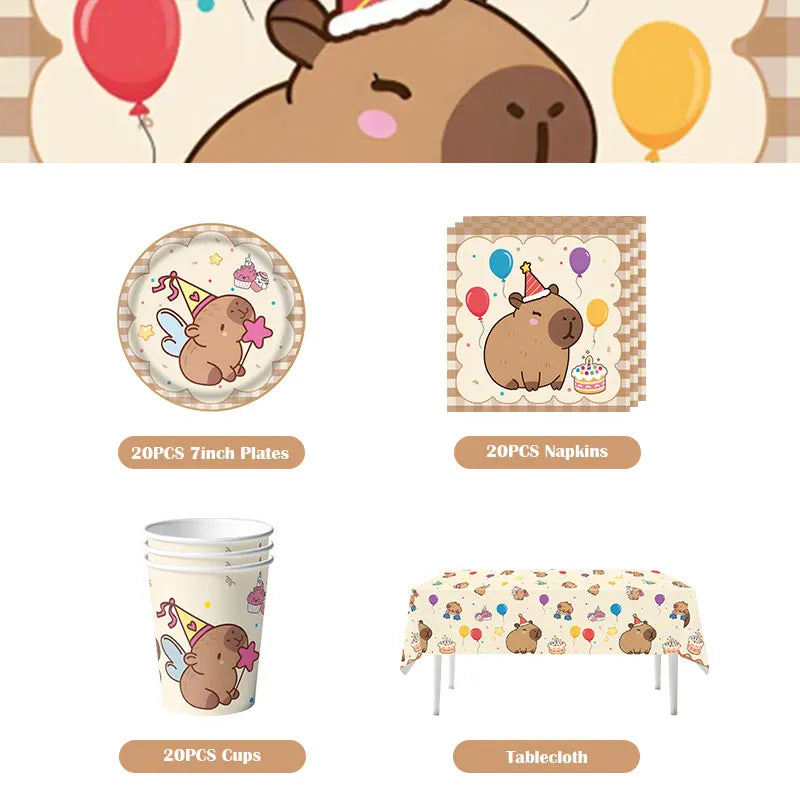A kit for a happy capybara birthday party featuring plates, napkins, cups, and a tablecloth.