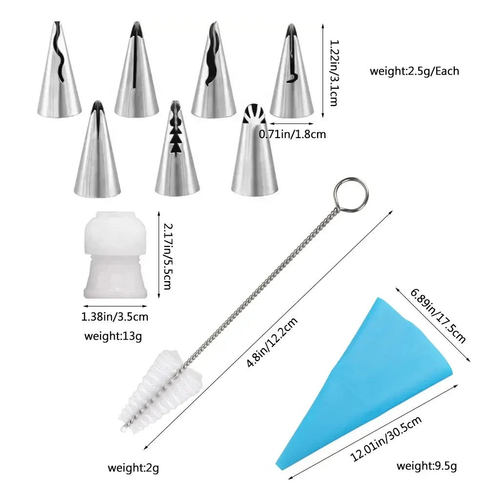 A set of various Russian piping tips and a silicone spatula for cake decorating.