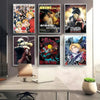 A collection of five anime posters featuring characters and artwork from Fullmetal Alchemist displayed on a white wall.