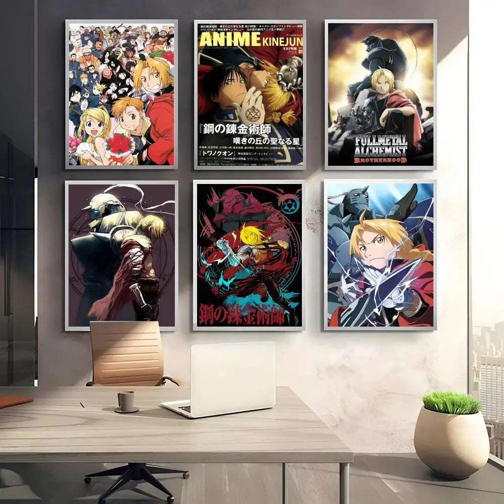 A collection of five anime posters featuring characters and artwork from Fullmetal Alchemist displayed on a white wall.