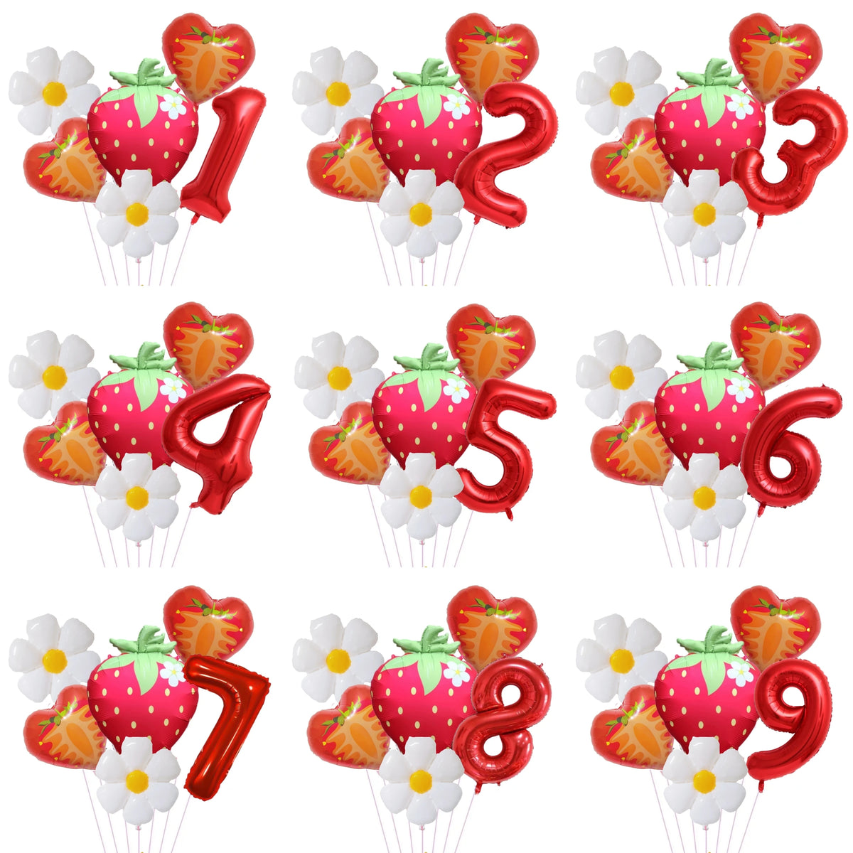 A set of nine foil balloons shaped like numbers 1 through 9 and strawberries in pink, orange, and green colors.
