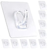 A white adhesive hook dispenser with several transparent self-adhesive hooks.
