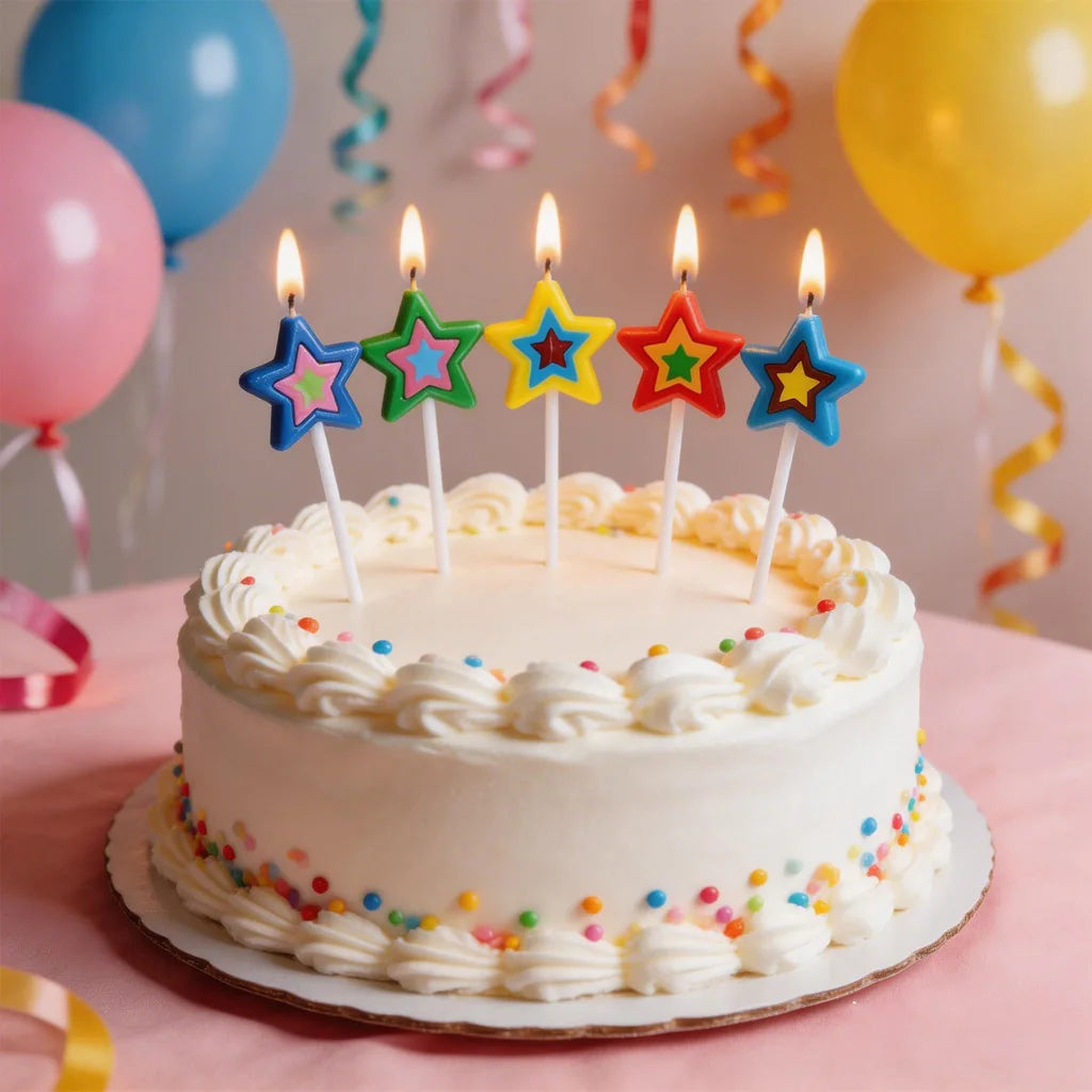 A white birthday cake decorated with colorful star-shaped candles and sprinkles on a pink table.