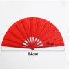 Red plastic fan with durable ribs showing a 64cm spread and 33cm diameter.