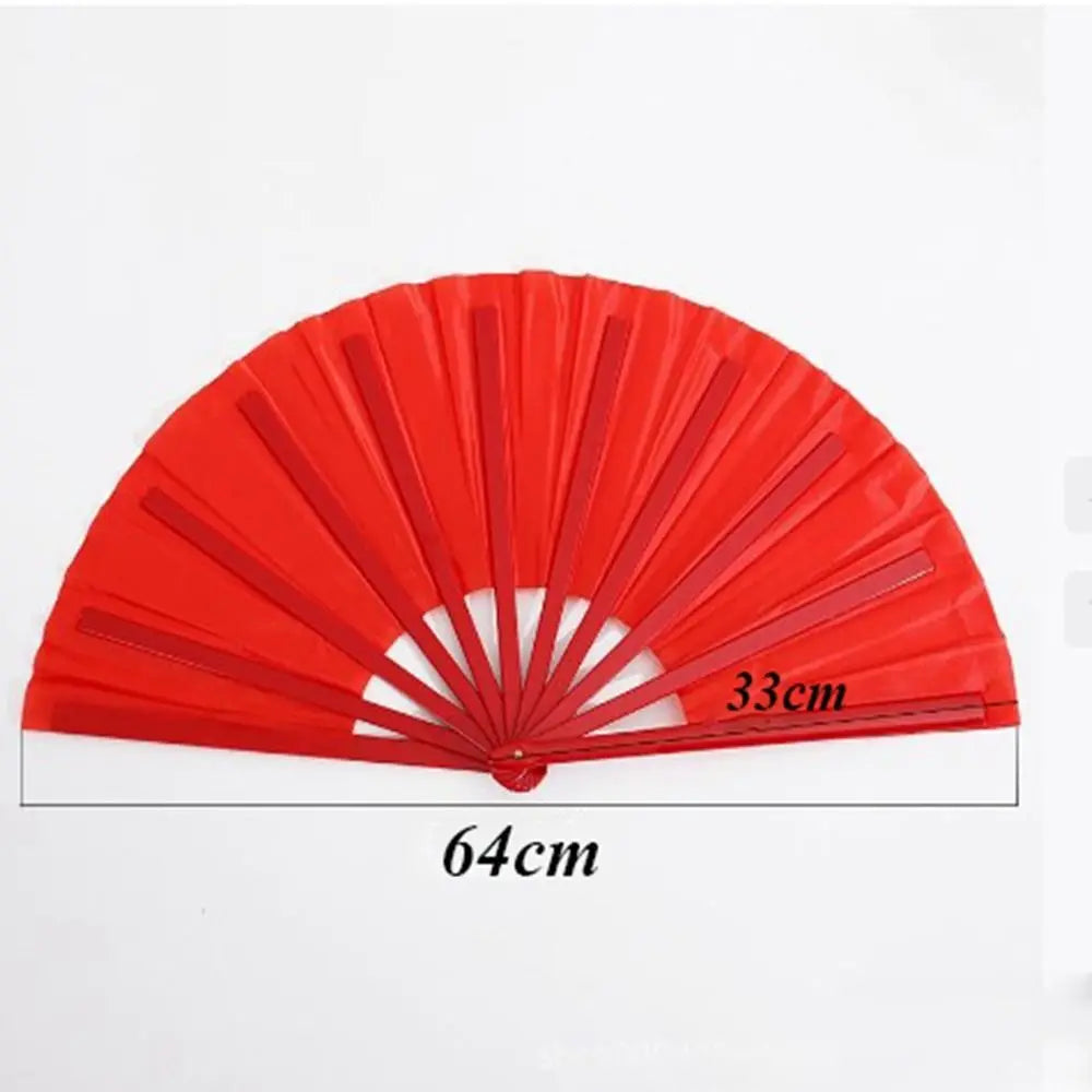 Red plastic fan with durable ribs showing a 64cm spread and 33cm diameter.