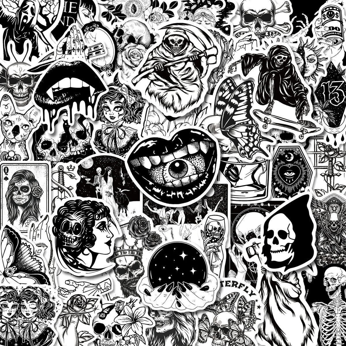 Collection d'autocollants vinyles gothiques noir et blanc avec divers crânes, démons et designs macabres.