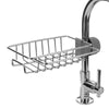 A chrome faucet-mounted kitchen organizer with a sponge holder and drying rack.