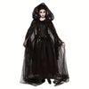 Model in an elegant black bridal witch cloak with a sheer veil and dark fabric.