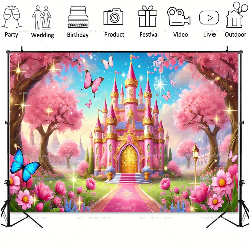 A vibrant photo backdrop featuring a pink princess castle surrounded by pink trees and blooming flowers with butterflies.