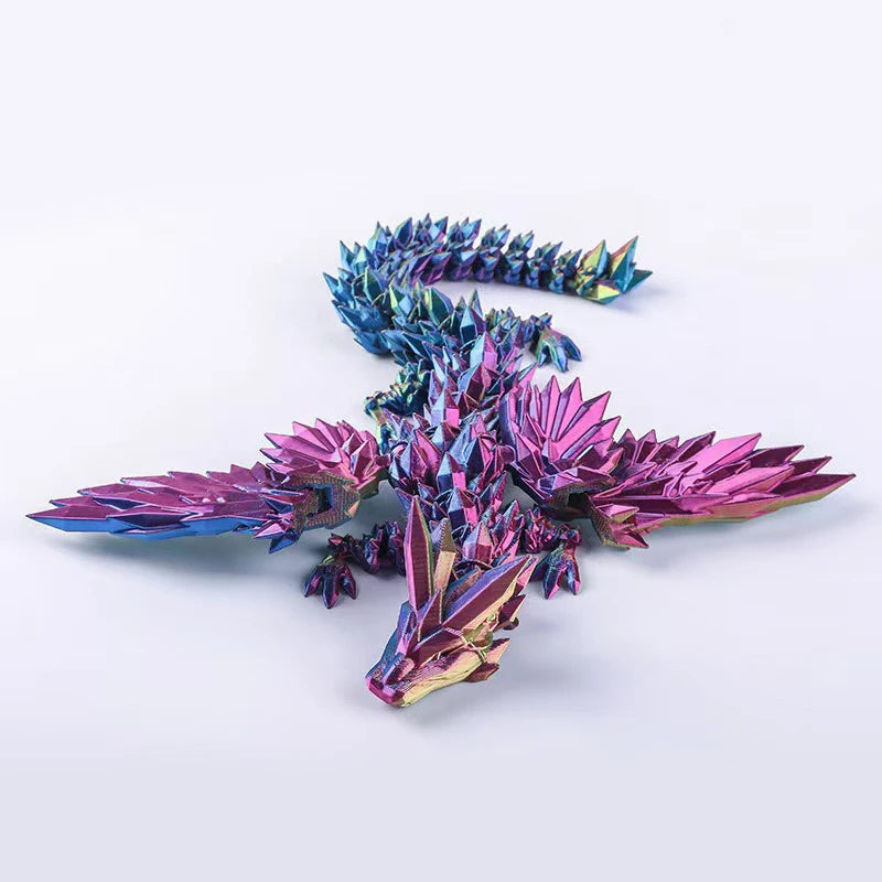 A 3D printed magic dragon desktop ornament with iridescent blue and purple scales and fins.