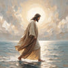 A painting depicting Jesus standing in water with a bright halo, used as inspirational wall art.