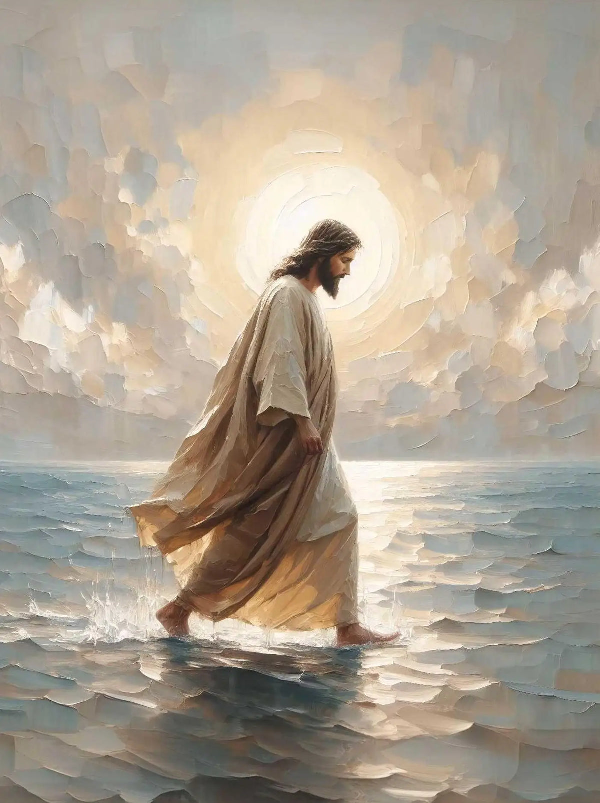 A painting depicting Jesus standing in water with a bright halo, used as inspirational wall art.