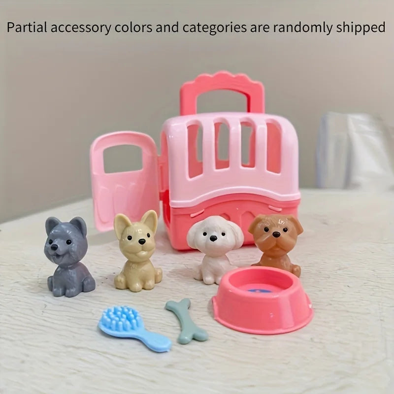 A pink pet toy set featuring a dog family, including a basket, small dog figures, and accessories.