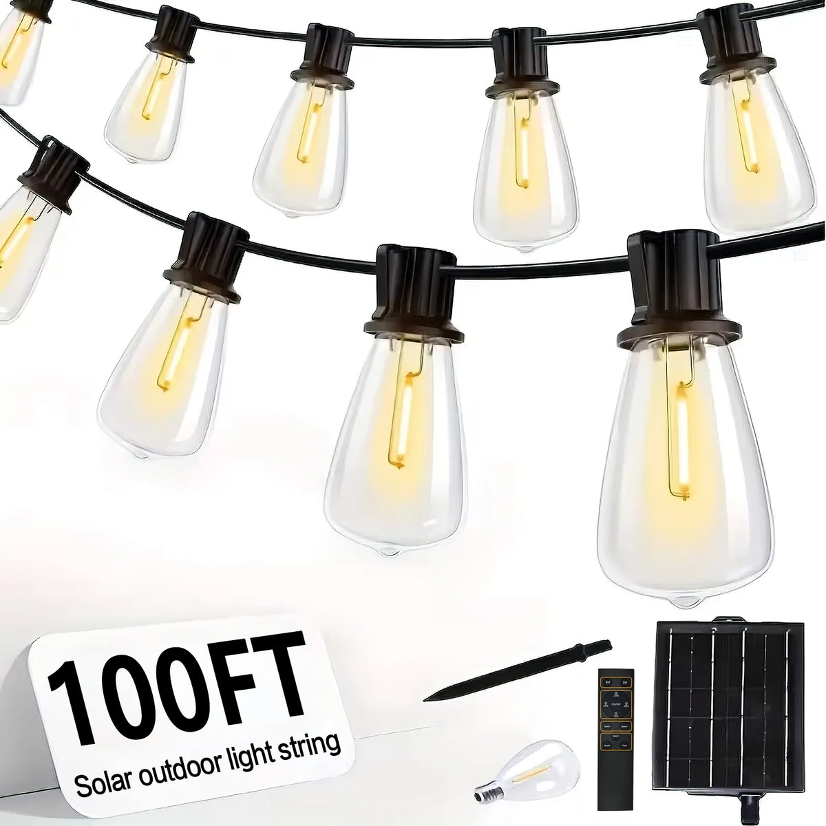 A string of solar powered outdoor light bulbs and a solar panel component.