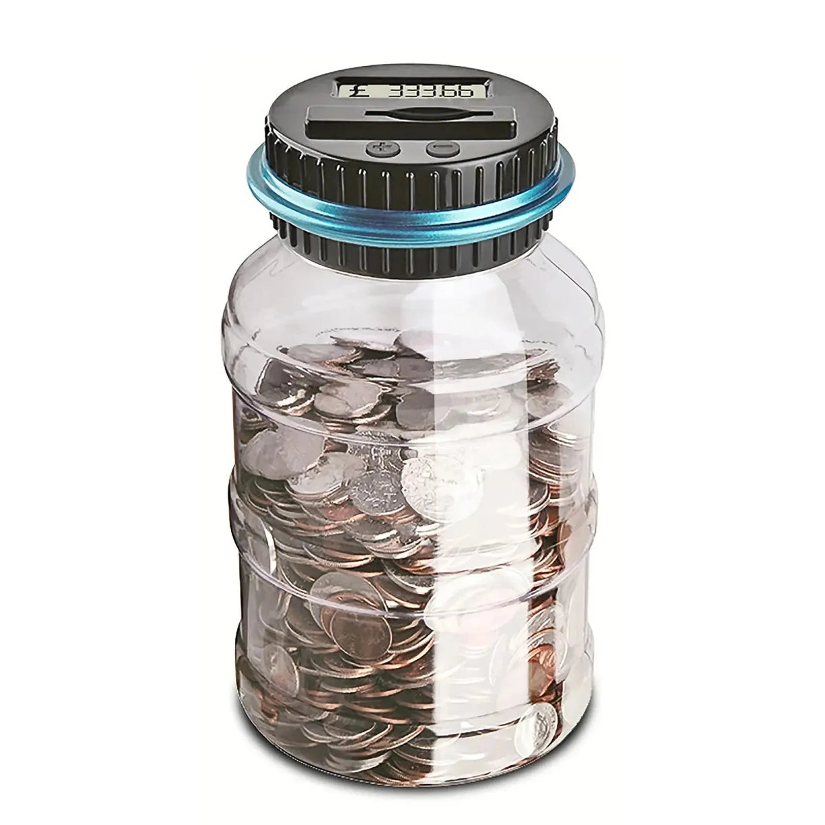 A clear plastic piggy bank filled with coins, featuring a black lid and an LCD display for counting.