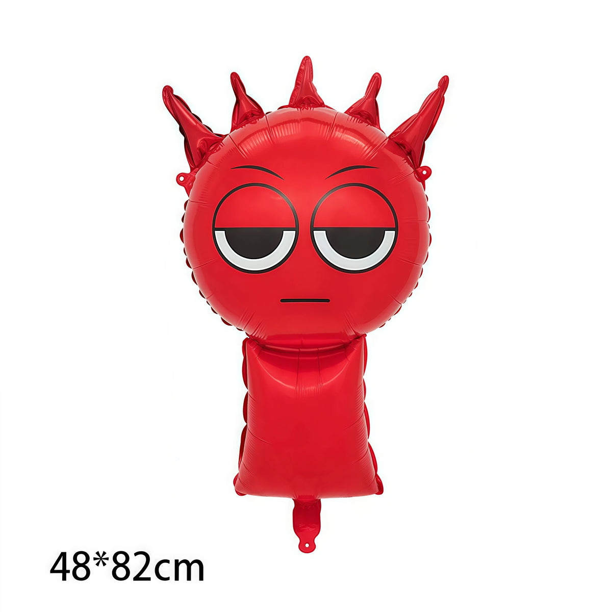 A red balloon shaped like a horned monster face with black eyes and a body, used for a party decoration.