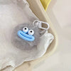 A fluffy gray sausage mouth plush charm with blue eyes and a white plastic keychain attached.