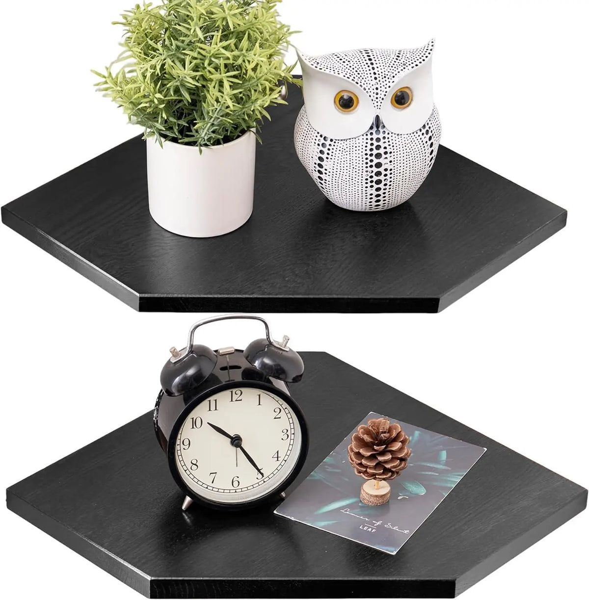 A set of two wall-mounted corner shelves featuring a potted plant and an owl figurine displayed on a dark wooden surface.