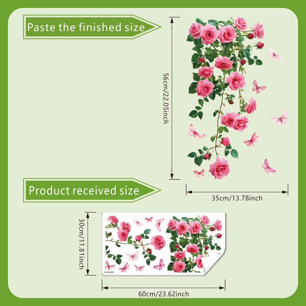Pink rose and butterfly floral window decal showing the finished size and received size.