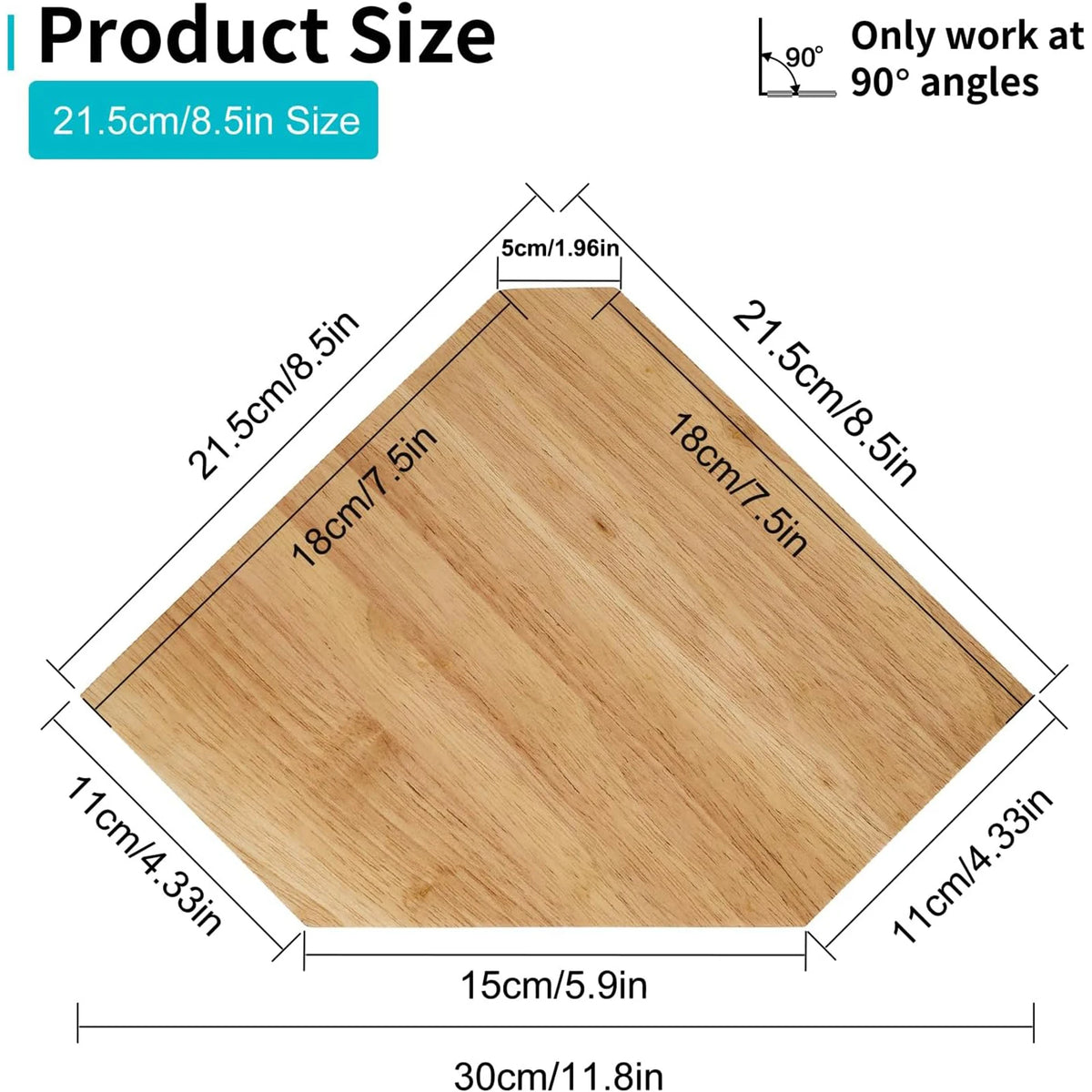 A natural wood corner shelf with dimensions 21.5cm by 18cm, designed to work at 90-degree angles.