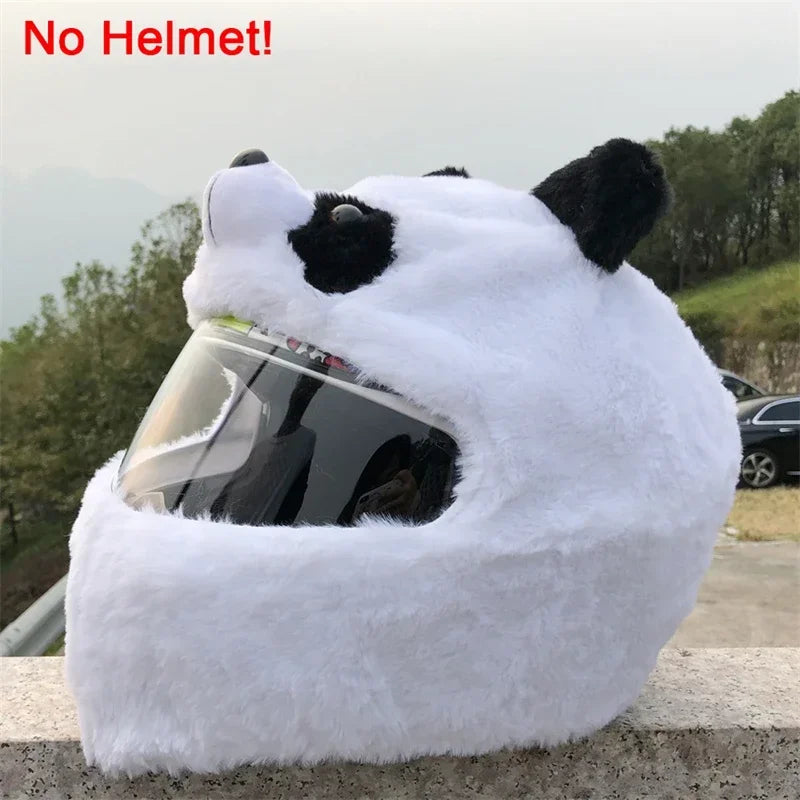 A white cartoon plush with black bear ears covering a full-face motorcycle helmet.