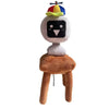 A collectible plush toy set featuring a character with a yellow hat and a black face on a brown stand.