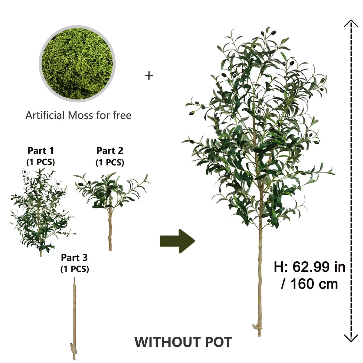 A full-sized artificial olive tree shown standing without a pot, with components for assembly.