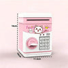 A pink and white ATM-style piggy bank with a cat face design and a numeric keypad.