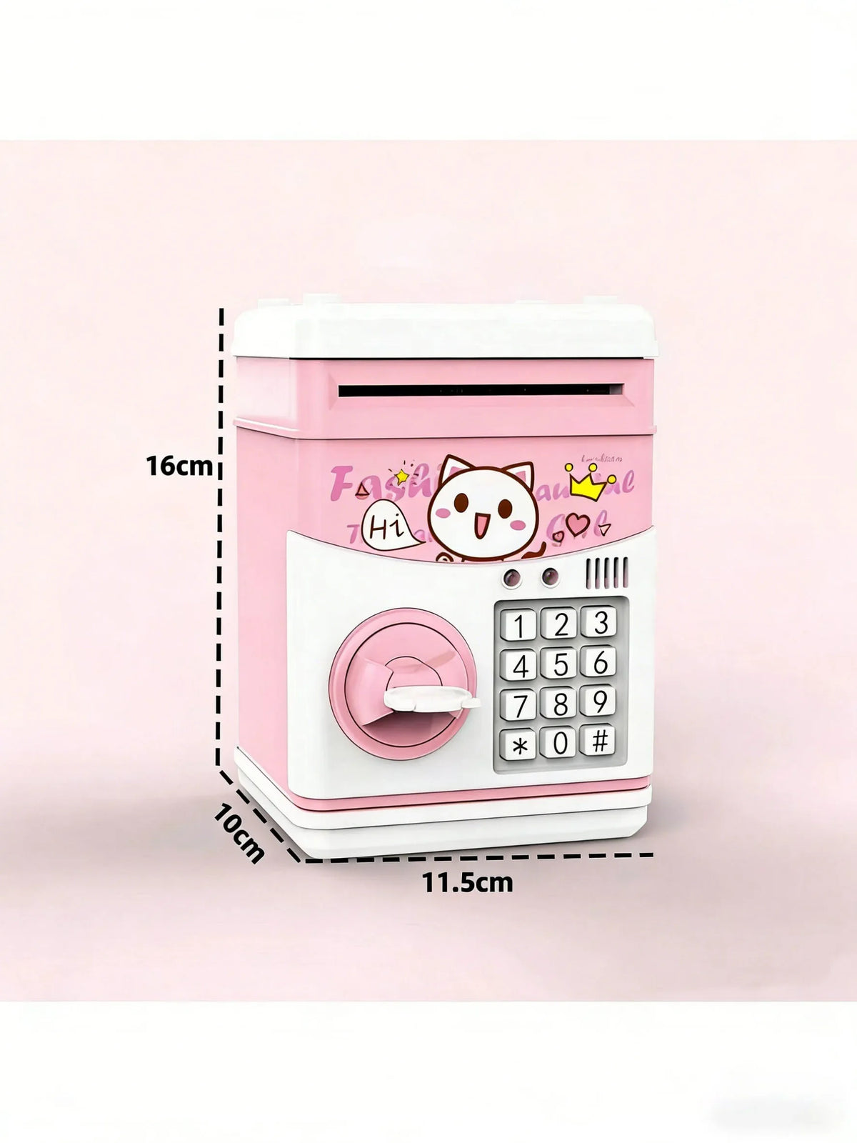 A pink and white ATM-style piggy bank with a cat face design and a numeric keypad.