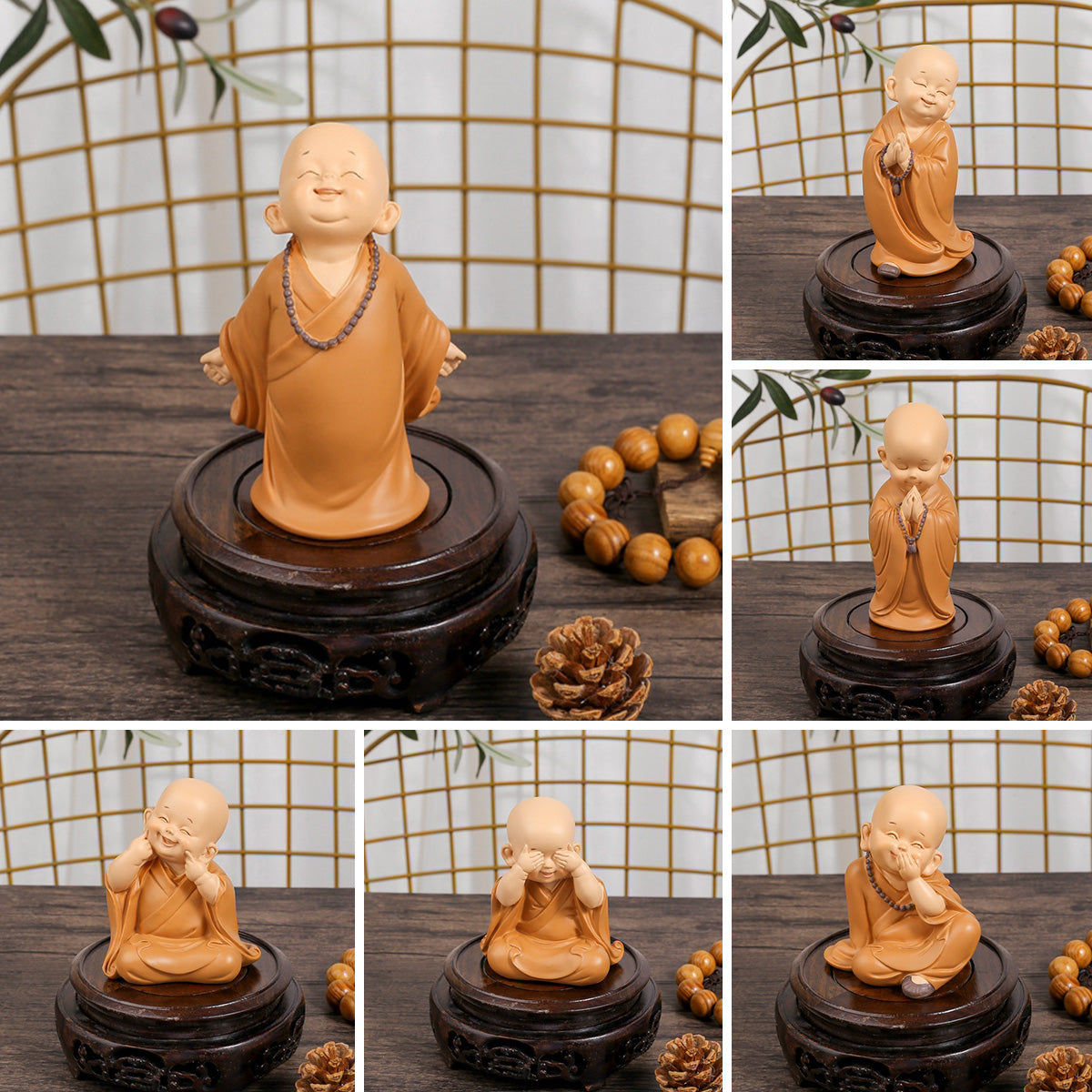 A set of cute little monk resin figurines in orange-brown color displayed on dark wooden bases.