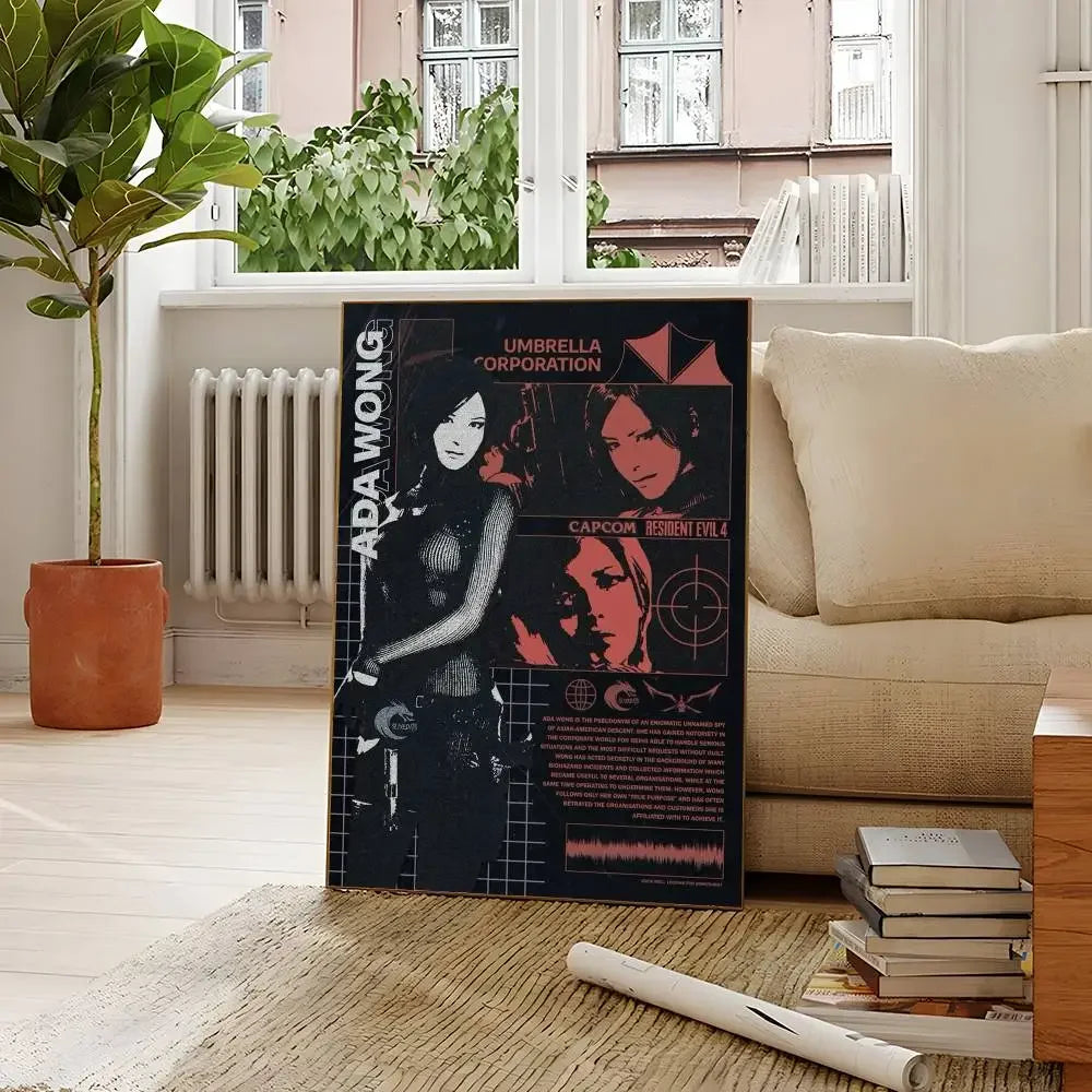 A dark poster featuring characters from Resident Evil, displayed in a bright interior setting.