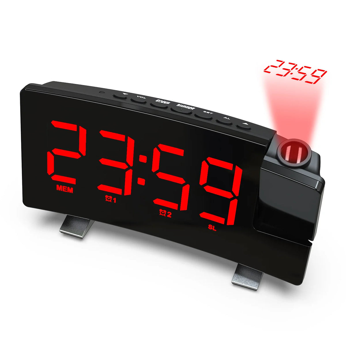 A black projection alarm clock with a red LED display showing 23:59 and FM radio controls.