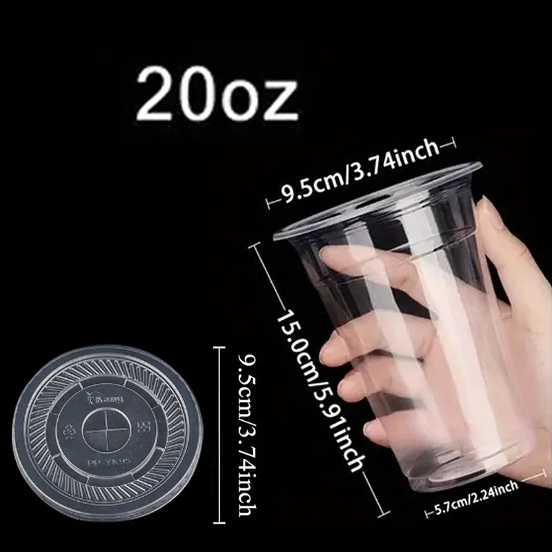A clear plastic cup with a lid is shown next to a hand, demonstrating its size and capacity.