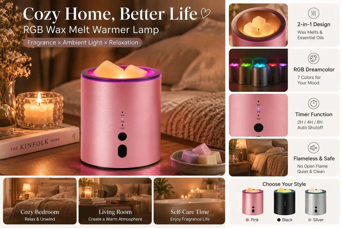 Pink RGB wax melt warmer lamp with timer for fragrance and ambient light, shown in a cozy bedroom setting.