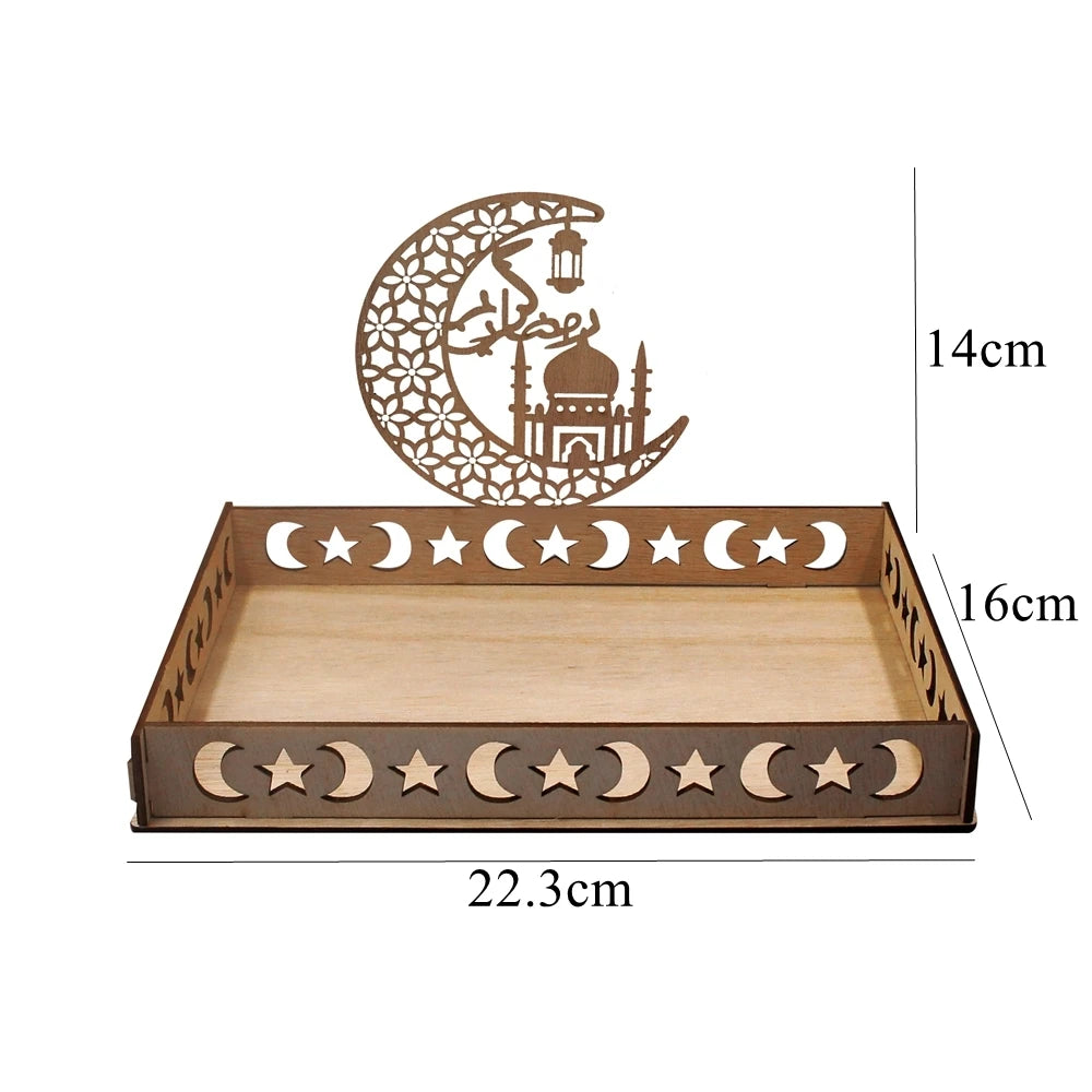 Bandeja de Eid Mubarak de madera con intrincado diseño de luna creciente y estrellas decorativas