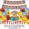 A banner featuring cartoon animals and balloons, including cake toppers and number balloons.