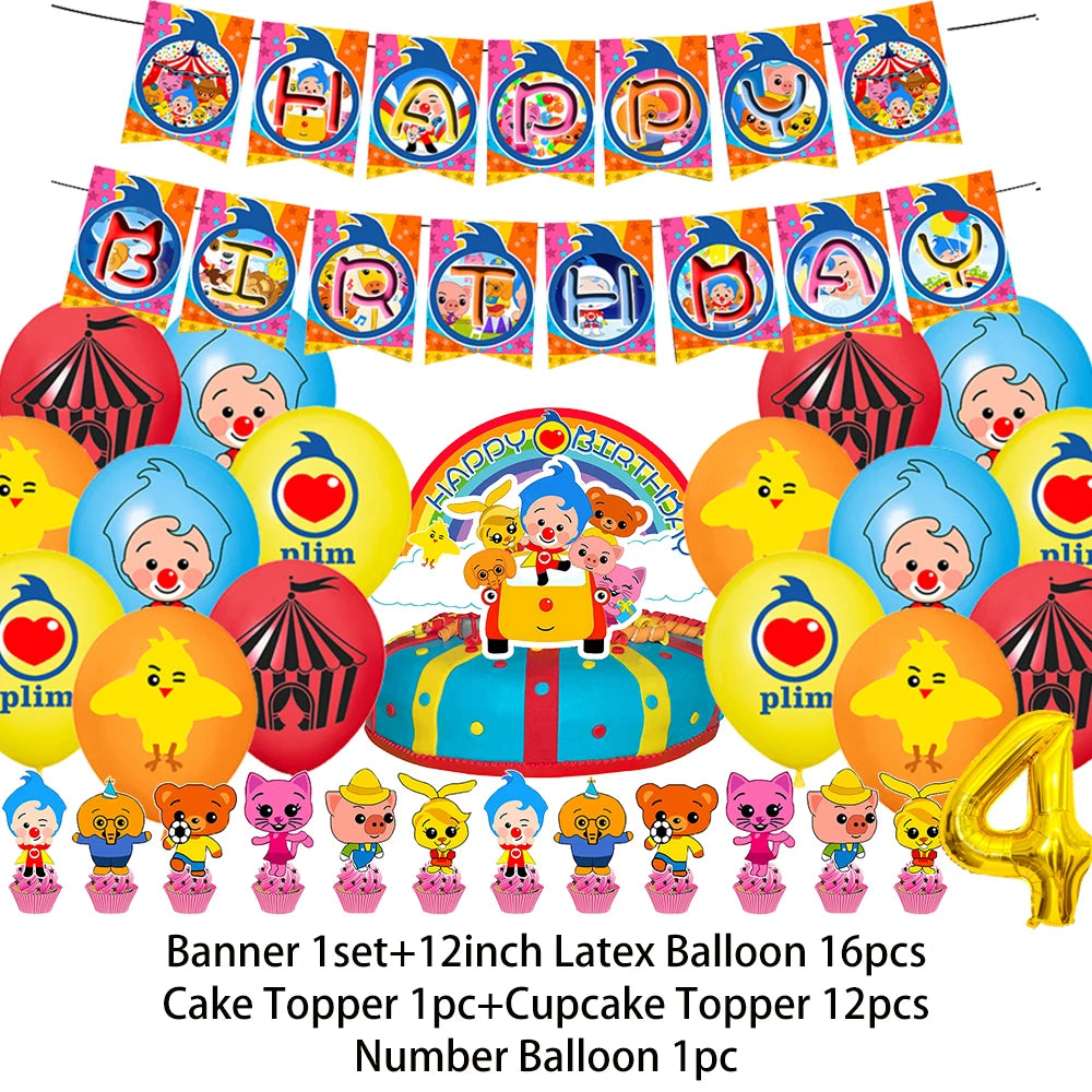 A banner featuring cartoon animals and balloons, including cake toppers and number balloons.