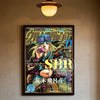 A vertical poster featuring characters and text from JoJo's Bizarre Adventure anime, displayed on a wall.