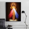 Canvas art print depicting Divine Mercy Jesus with radiant light in golden and red robes.