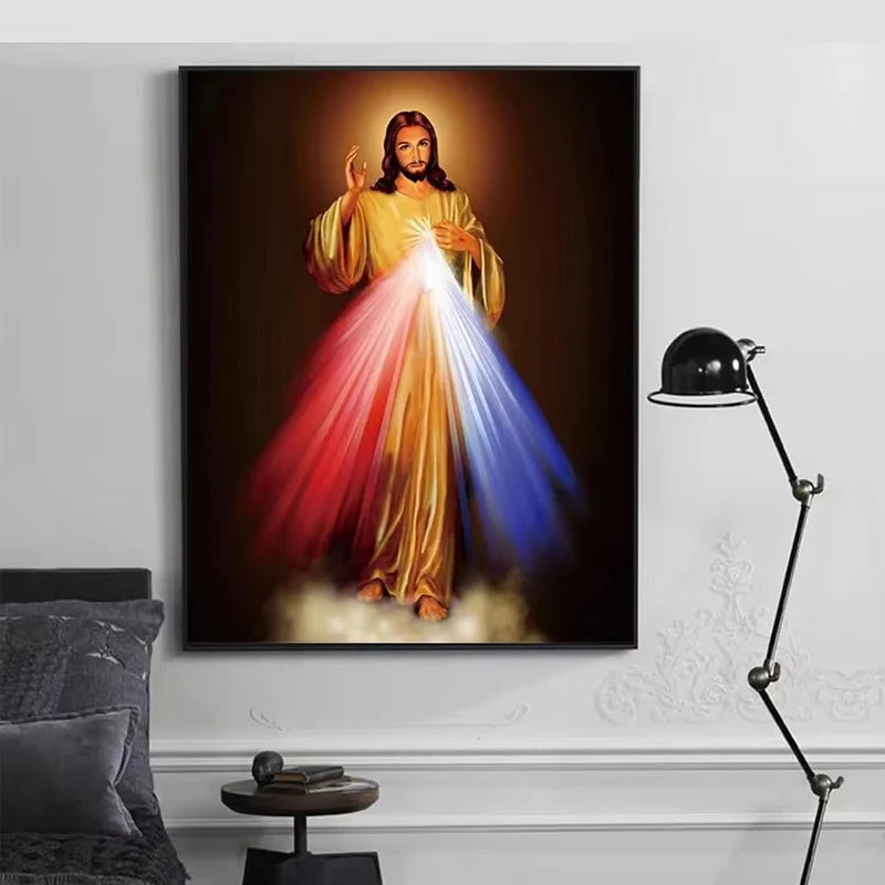 Canvas art print depicting Divine Mercy Jesus with radiant light in golden and red robes.